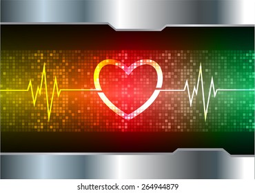 heart pulse monitor with signal. Heart beat. vector illustration. dark red  yellow green background. silver.Pixel, mosaic, table