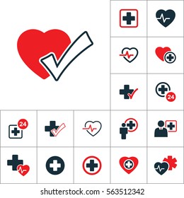 heart pulse ok check icon, medical signs set on white background