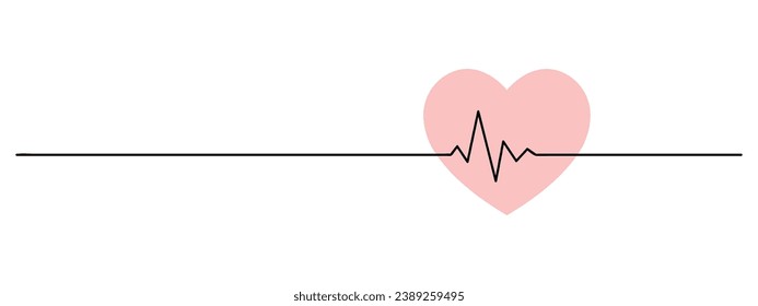 heart pulse one line art, heartbeat, cardiogram lineart, black line vector illustration, horizontal design element
