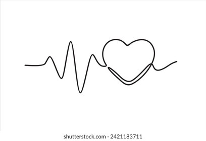 corazón y pulso de una línea dibujado a mano, signo cardiograma, latido cardiaco electrocardiograma - vector stock