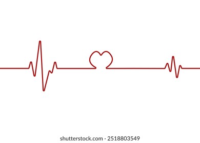 Heart pulse one line red cardiogram sign vector heartbeat, cardiogram in the form of pulsation and heart.