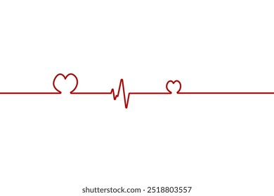 Heart pulse one line red cardiogram sign vector heartbeat, cardiogram in the form of pulsation of two hearts.