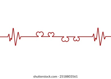 Heart pulse one line red cardiogram sign vector heartbeat, cardiogram in the form of pulsation of two hearts.Red Ecg Heartbeat Lines With Hearts Collection