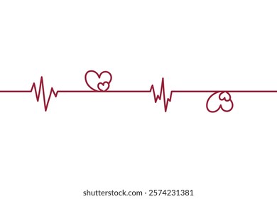 Heart pulse one line red cardiogram. Heartbeat cardiogram pulsation in the shape of two hearts