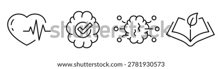 Heart pulse quality badge microbial network and leaf book icons. Editable stroke