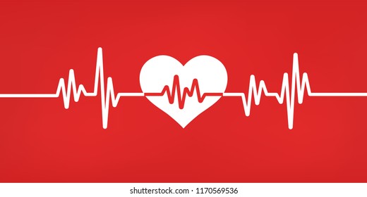 Heart pulse. Red and white colors. Heartbeat lone, cardiogram. Beautiful healthcare, medical background. Modern simple design. Icon. sign or logo. Flat style vector illustration.