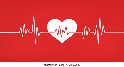 Heart pulse. Red and white colors. Heartbeat lone, cardiogram. Beautiful healthcare, medical background. Modern simple design. Icon. sign or logo. Flat style vector illustration.