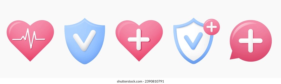 Heart with pulse, shield with checkmark, medical cross, icon collection. Health, insurance, medical, healthy lifestyle, protection concept. Vector illustration Cartoon minimal style 