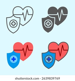 Heart with pulse and shield icon in outlined and colored style, symbolizing health protection and monitoring, best used for medical posters, app icons, or insurance visuals.