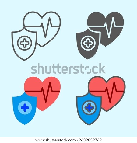Heart with pulse and shield icon in outlined and colored style, symbolizing health protection and monitoring, best used for medical posters, app icons, or insurance visuals.