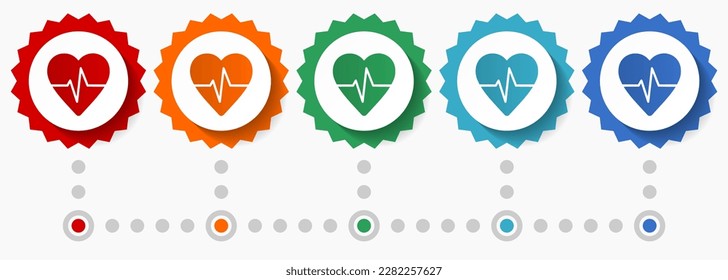 Heart, pulse vector icon set, colorful infographic template, set of flat design badge icons in 5 color options