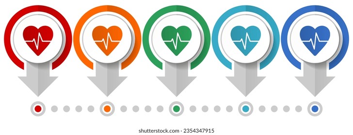 Corazón, conjunto de iconos de vector de pulso, plantilla de infografía de diseño plano, establecer iconos de concepto de puntero en 5 opciones de color para diseño web y aplicaciones móviles