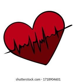 Heart with pulse. Vector illustration. Examination of the patient. Assessment of arterial pulsation. A vital biological process. Scarlet symbol on an isolated white background. Cartoon style. Cardio.
