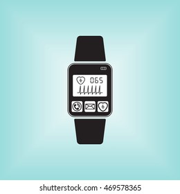Heart pulse vector at smart watch icon. Illustration of heart pulse monitoring application at smart watch sign. Heartbeat logo.