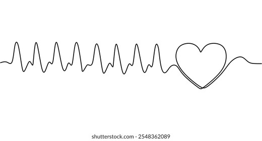 Corazón con una onda de pulso en un estilo de arte de una sola línea, que simboliza el amor, la vida y el latido del corazón emocional en una representación minimalista.