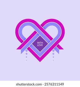 Heart with purple and blue ribbons and the words "with love" written in white. The heart is a symbol of love and the ribbons add a touch of color and texture. The message of the image is one of love