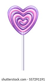 Heart purple and pink lollipop vector illustration. Sweet spiral candy on stick. Love symbol. Good for Valentines day design.