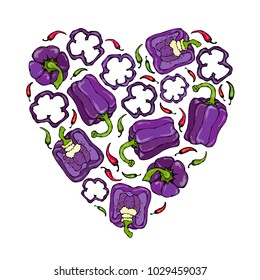 Heart of Purple, Red, Prange, Green, Yellow, Violet Bell Peppers and Chilli. Whal Pepper, Half of Sweet Paprika, Cuts. Fresh Ripe Vegetables. Hand Drawn Vector Illustration. Savoyar Doodle Style.