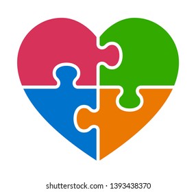 Heart puzzle with 4 pieces or autism awareness flat vector color icon for apps and websites