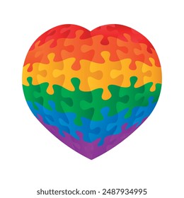 Heart puzzle assembled from pieces with the colors of the gay pride flag LGBT. Vector isolated on white background.