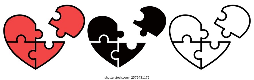 heart puzzle icon, simple flat style, pictogram logo sign symbol vector illustration, isolated on white for mobile app