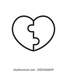 Heart with Puzzle Inside Icon - Linear Vector Pictogram for Love Connection, Relationship Unity, Jigsaw Match, and Intricate Valentine's Day Design