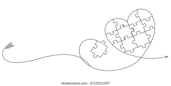 Quebra-cabeça de coração com a ilustração faltante da arte da linha da peça