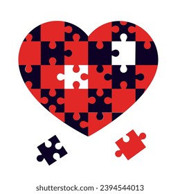 Heart puzzle with missing pieces. Jigsaw puzzle love heart game. Marriage, teamwork, mental health and relationship problem concept. Isolated vector.