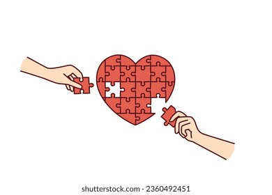 Heart from puzzle near hands people, metaphor for health of cardiovascular system and treatment of cardio diseases in clinic. Heart as symbol of kindness and volunteer help for charitable companies