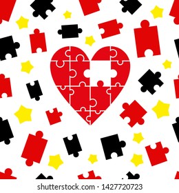 Heart puzzle pattern with red, black, and yellow.