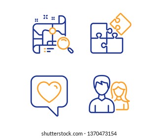 Heart, Puzzle and Search map icons simple set. Couple sign. Like rating, Engineering strategy, Find address. Male and female. Business set. Linear heart icon. Colorful design set. Vector