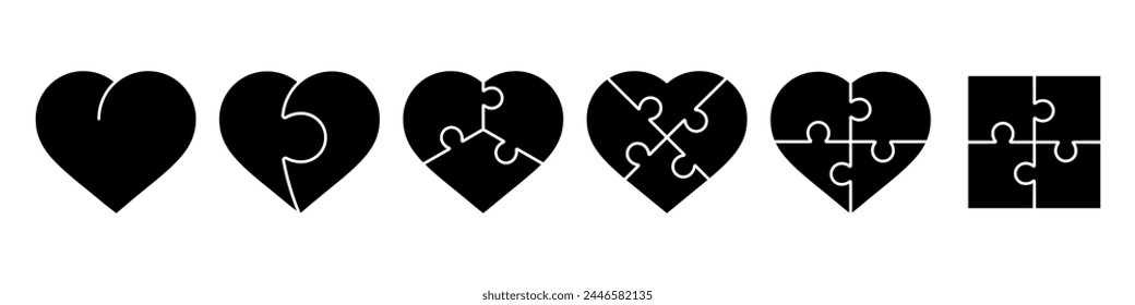 Heart puzzle. Heart puzzle set. Silhouette and linear style. Vector illustration.