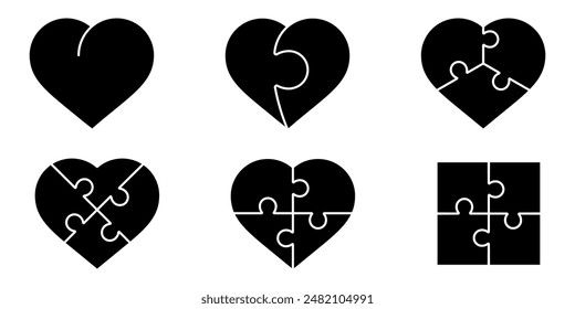 Heart puzzle. Heart puzzle set. Silhouette and linear style. Vector illustration.