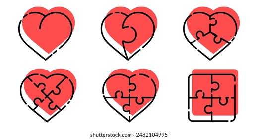 Heart puzzle. Heart puzzle set. Vector illustration.