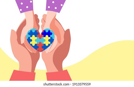 Heart puzzle symbol of autism in human hands. Concept for world autism day, help support children with autism. Banner with copy space. Stock vector illustration. 