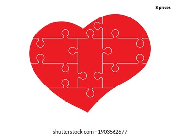 Heart puzzles grid. Magnet, valentine, sticker, sign, symbol,recognition, invitation. Puzzle 8 pieces, games for thought. Vector drawing.