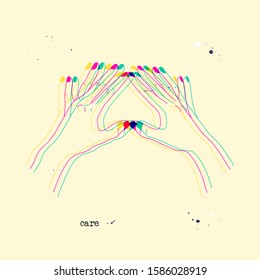 Heart or pyramid shaped hands. Stereoscopic vector hand gesture, symbol of love. Romantic background with 3D stereo effect. Glitch illustration with body language for poster or print design