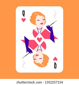 Heart Queen modern Playing Card on orange background. Vector illustration