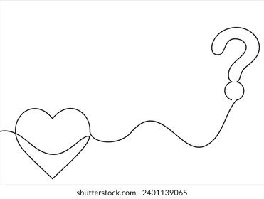 signo de interrogación de corazón - Concepto de problemas de amor.ilustración continua de línea. vector de una línea.	
