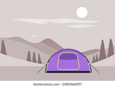 In the heart of a quiet spruce valley, a cozy tent stands proudly beneath the moonlight, inviting adventurers to explore the peaceful wilderness and enjoy the night sky