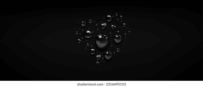 Fondo vectorial de la burbuja de agua de lluvia cardíaca. Superficie de vidrio con efecto 3d de la forma de amor de la condensación clara realista. Ilustración abstracta de gotas de lluvia en aerosol oscuro con garrote lacrimógeno. Diseño acuático líquido lluvioso