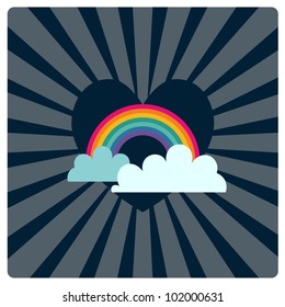 Heart, rainbow with clouds, on retro sunburst background.