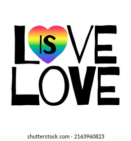 Heart in rainbow color LGBTQ pride symbol with Love is Love text. Vector design for t-shirt, poster, and social media