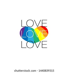 heart in rainbow colors. lgbtq pride symbol. Conceptual poster with LGBT rainbow or gay community. phrase Love is Love isolated on white background.