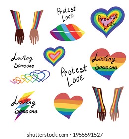 The Heart Of The Rainbow. LGBT Pride Or Rainbow Flag With A Heart Pattern. Gay Flag Colored Illustration. Caption To Love Someone, Protest Love. Decor Element, Sticker, Logo, Print