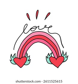 Heart rainbow with love. Cute doodle illustration of heart rainbow forming romantic symbol. Concept of love, hearts and colorful rainbow to celebrate Valentines Day with heart with wings