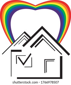 Heart rainbow over black and white house with check mark on window