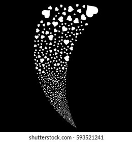 Heart random fireworks stream. Vector illustration style is flat white iconic symbols on a black background. Object fountain created from scattered design elements.