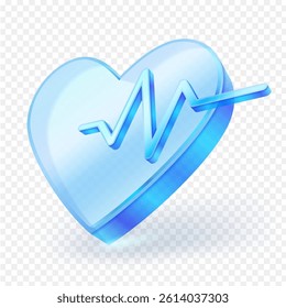 Heart rate 3d icon medical health. Glass icon with line running through it, symbolizing health, vitality, and wellness. isolated on transparent background. Vector illustration.