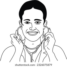 Heart Rate Check Outline Drawing Illustration with a Beautiful Female Doctor, Medical Examination, Doctor's Diagnosis